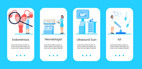 Endometriosis, endometrium dysfunctionality app templates. Perinatal center concept vector for landing page. Doctor are doing ultrasound fetus screening checkup