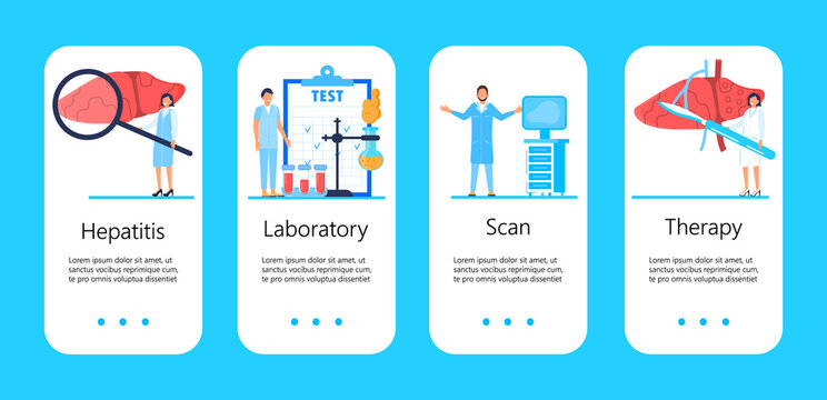 Hepatitis A, B, C, D, cirrhosis apps. World hepatitis day concept. Tiny doctors treat liver. Laboratory, blood test are shown. Blue templates vector for mobile website development - Powered by Adobe