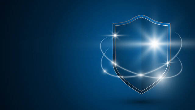 Glowing shield on a dark blue background. Concept of data protection, cybersecurity, security system. Technologies of the future. Realistic 3d vector