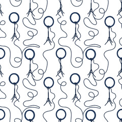 Seamless pattern of ring lamps with tangled wires. Professional lighting for bloggers. Vector flat illustration for studios and shops of lighting equipment.