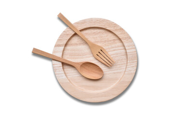 Top view, Wooden cutlery set and plates made from natural materials are handmade by villagers on white background.