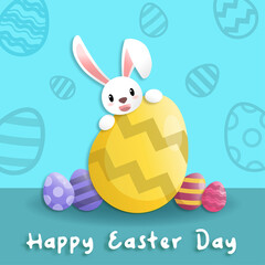 Happy easter day in paper art style with rabbit and easter eggs. greeting card, posters and wallpaper. Vector illustration.