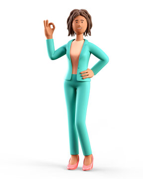 3D illustration of standing african american woman showing ok gesture. Portrait of cartoon smiling elegant businesswoman in green suit with okay sign, isolated on white background.