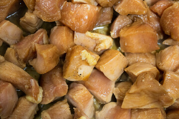 Homemade chicken meat on pan. Tasty chicken recipe up close.