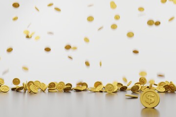 gold coins drop in motion from sky to the floor on white background copy space .3D Rendering.