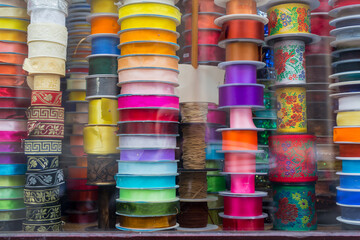 Closeup of a window of a habersdashery