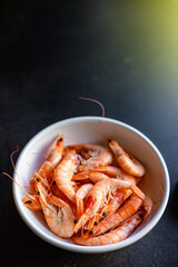 shrimp boiled prawn seafood crustacean on the table for meal snack outdoor top view copy space for text food background rustic image diet pescetarian