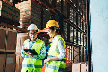 Working at warehouse. asian woman warehouse worker and Manager Shows Digital Tablet Information to further placement in storage department. In Background Stock of Parcels with Products