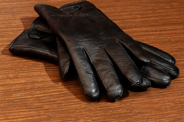 men's leather black gloves close-up