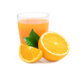 Glass of fresh orange juice with fruits cut in half and sliced with green leaf isolated on white background, clipping path