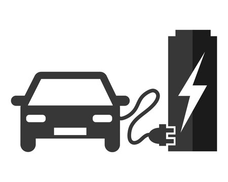 Electric car at the charging station. Grey black vector icon illustration pictogram.