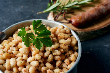 sausage and fried white beans typical of catalonia