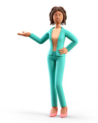 3D illustration of standing african american woman pointing hand at direction. Portrait of cartoon smiling elegant businesswoman in presentation pose, isolated on white background.
