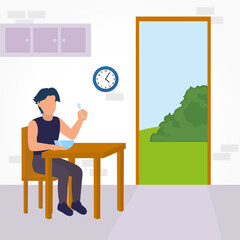 Man taking breakfast at table vector design