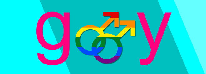 LGBT community. Digital graphic, logo, poster. The double male sign embedded in banner text. Illustration. The symbol that represents the gay male. Simplicity and elegance, icon design effects.