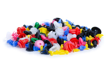 Different colorful clips for car on white background isolation