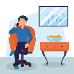 man calling on chair in home room vector design