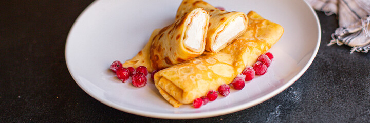 pancakes flapjack thin cake curd filling crepe cottage cheese ricotta Pancake week sweet dessert vanilla cream on the table for meal snack outdoor top view copy space for text food background