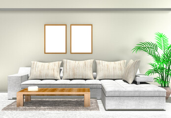 Modell eines Wohnzimmers mit Couch, Kissen, Tisch und Teppich. Zwei Bilderrahmen leer mit Holzrahmen