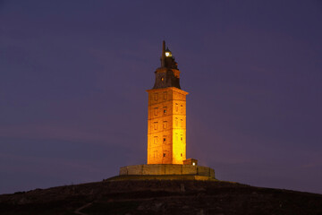 
 Tower of Hercules illuminated at dusk