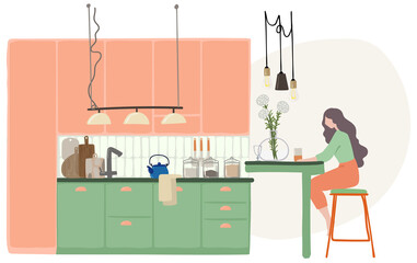 Vector drawing of woman sitting in the kitchen, stay at home concept - 406997071