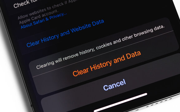 iPhone official browser Safari remove history, cookies, other browsing data. Apple is a multinational technology company. Moscow, Russia - January 12, 2021