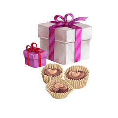 St. Valentines day holiday greeting card with present gift boxes and sweet candy cookies isolated. Digital art illustration of postcard on February 14, present in decorative wrapping and chocolate.