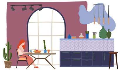 Vector drawing of woman sitting in the kitchen, stay at home concept - 406997470