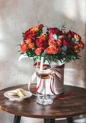 Beautiful bouquet of red roses in a box with ribbons, glass of wine, macaroons on a wooden table. Beauty concept