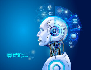 Artificial intelligence digital technology concept. Robot with hologram brain and big data analytics.