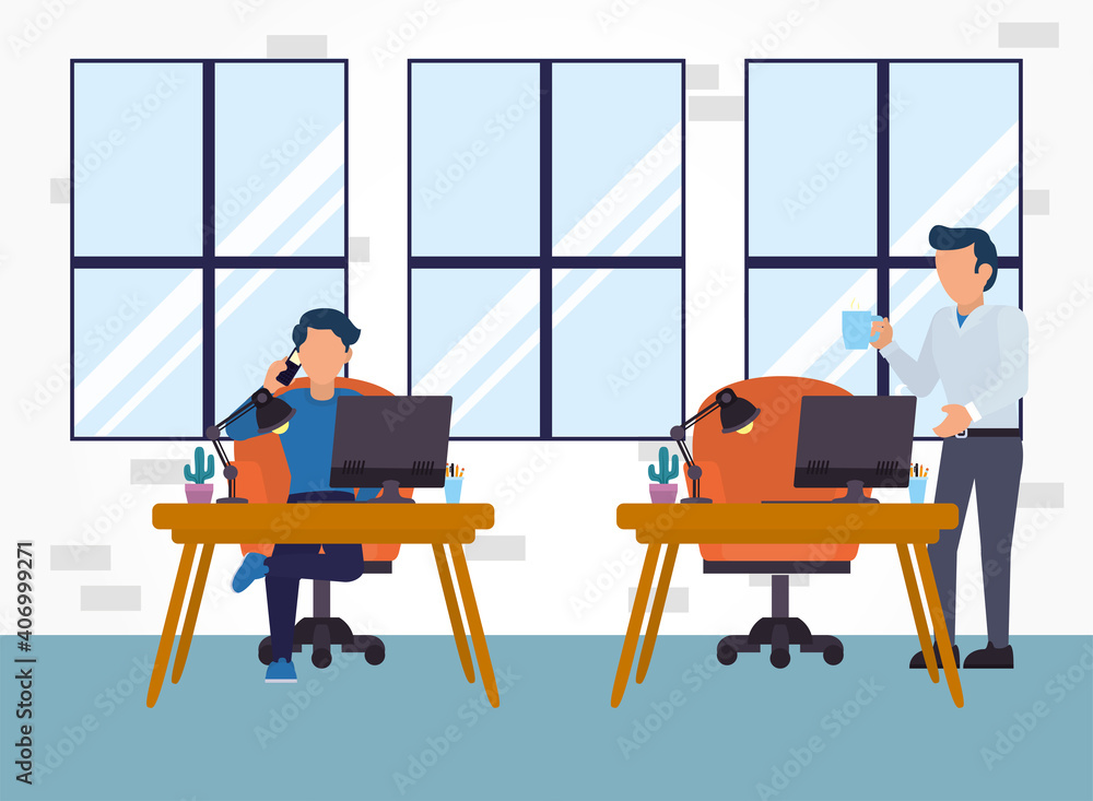 Poster men in office with desks and computers vector design