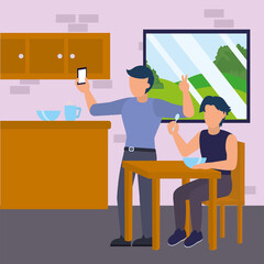 men with smartphone taking selfie in home kitchen vector design