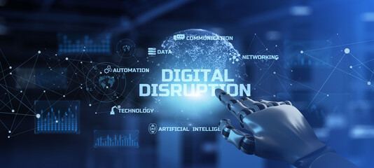 Digital Disruption Business Transformation Innovation technology concept. Robotic arm 3D Rendering.