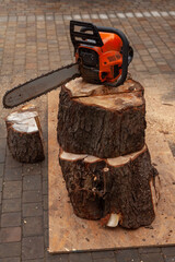 Chainsaw stands on round logs