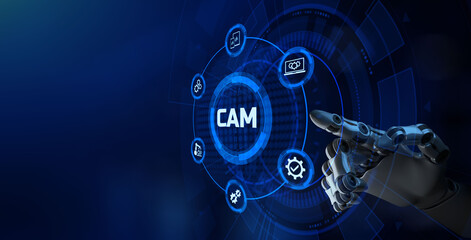 CAM computer aided manufacturing engineering system smart technology concept. Robotic arm 3d rendering.