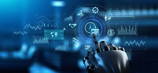 Project management Business process development Scheduling Planning concept. Robotic arm 3d rendering.