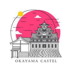 Flat icon vector illustration of a historic building castle in the Japan, Simple outline icon design cartoon landmark for praying vacation travel tourist attractions. Line art of Okayama Castle