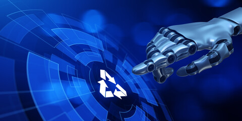 Recycle zero waste ecology saving technology concept. Robotic hand pressing button 3d render.