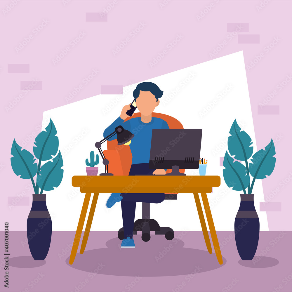 Aufkleber office man at desk with computer vector design