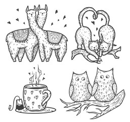 Set of lovers on branch for the Valentines Day love cards. Romantic illustration of lama, cats, owls in love