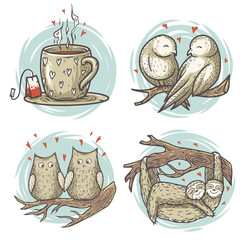 Set of lovers on branch for the Valentines Day love cards. Romantic color illustration of two slots, owls, birds in love © Casoalfonso