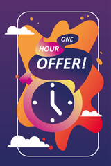 one hour offer in bubbles with chronometer vector design