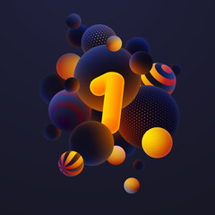 Fototapeta Luminescent yellow number 1, one with realistic blue balls, blured and luminous, orange balls with patterns, dots and stripes with soft touch feeling in dark background. Vector illustration.  obraz