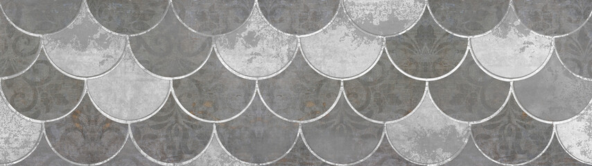 Gray white worn seamless grunge vintage retro aged mermaid scales pattern tiles texture background banner panorama