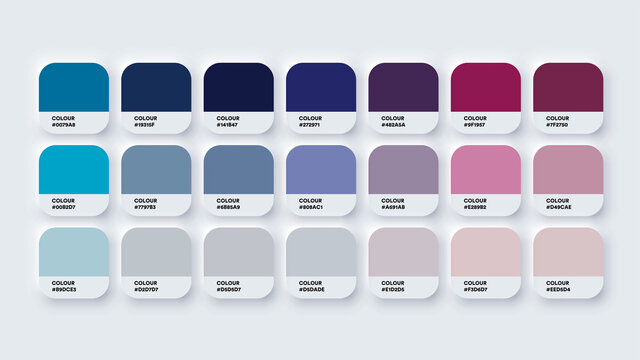 Pantone Color Guide Palette Catalog Samples Blue And Purple In RGB HEX. Neomorphism Vector