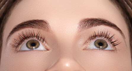 Close-up Macro of Beautiful Female Eye with Perfect Shape Eyebrows. Clean skin, Fashion Naturel Make-Up. Good Vision