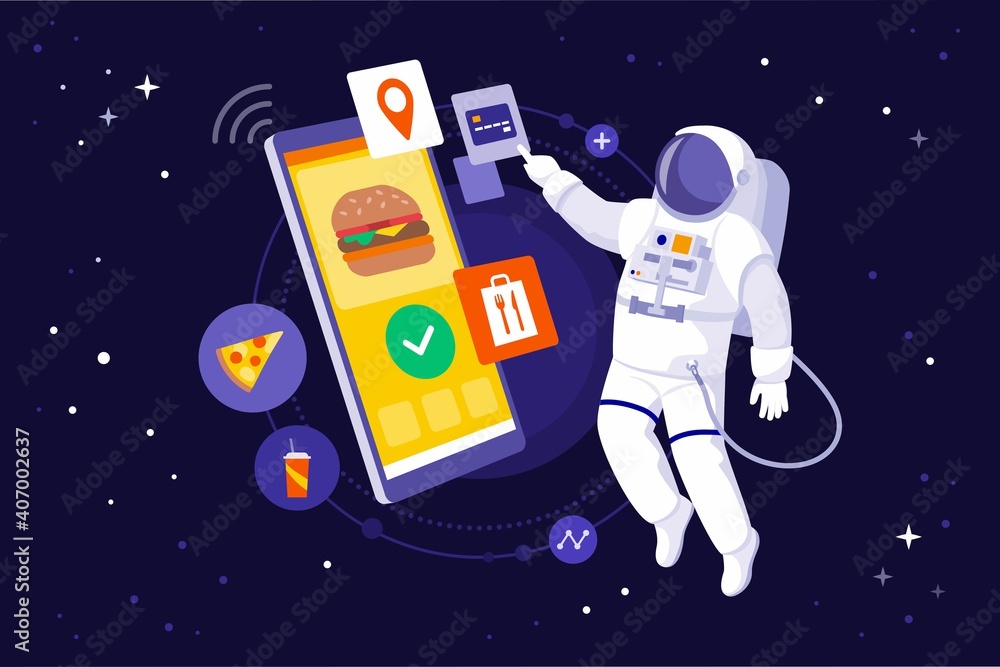 Wall mural astronaut ordering fast food in outer space