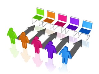 fünf Menschen wollen fünf Stühle besetzen