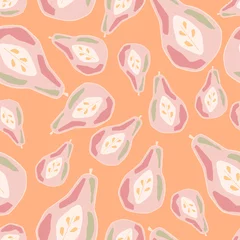 Foto auf Acrylglas Antireflex Random fruit vitamin seamless pattern with pink colored pear shapes. Orange background. © Lidok_L