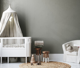 Cozy nursery interior background, Scandinavian style, 3D render